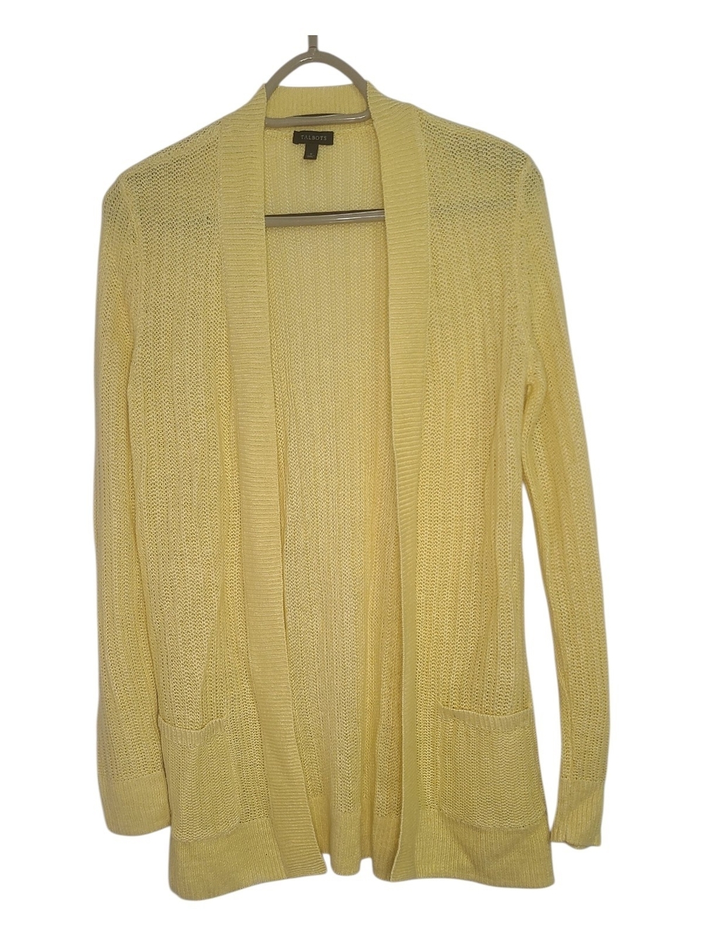 Talbots 100% Linen Open Front Cardigan Sweater Yellow Size S Pockets
